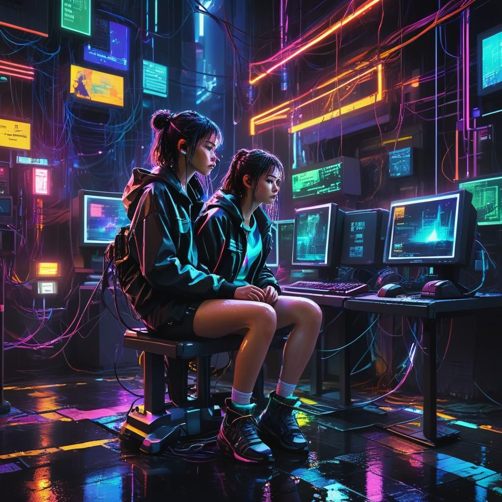 Cyberpunk Woman in Neon Cityscape with Digital Glitch