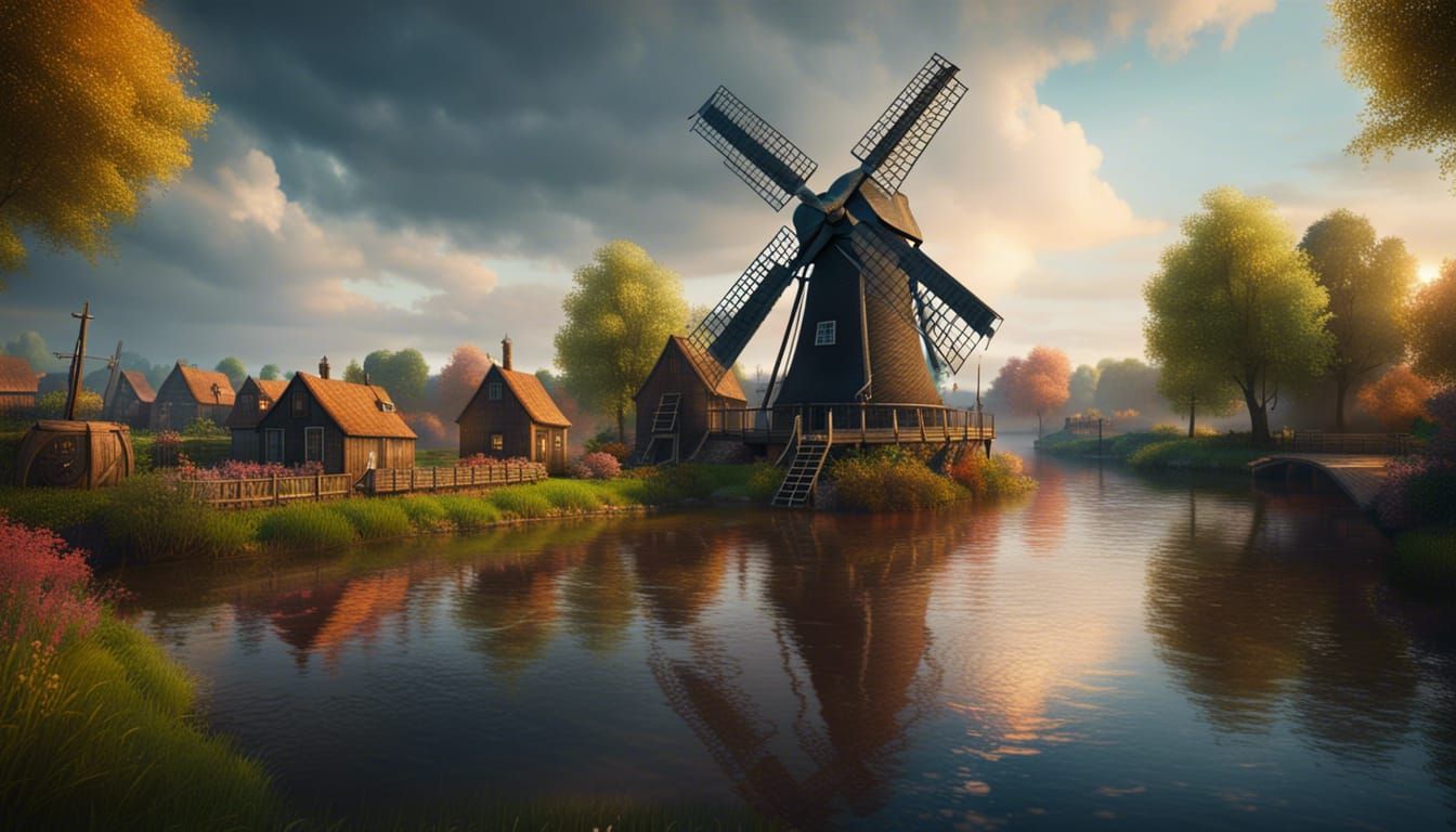 Dutch Windmill Oil Painting on the River