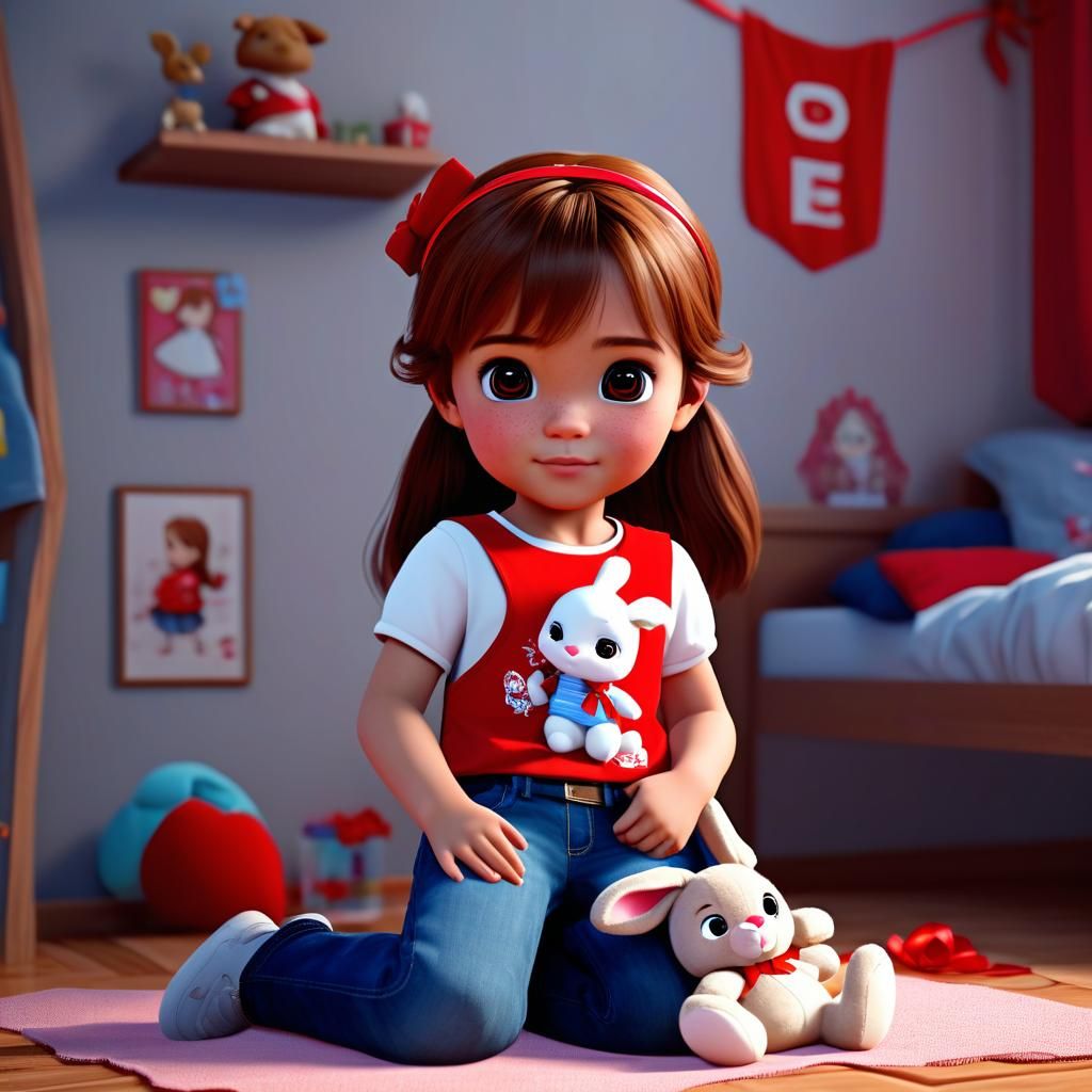 Little modern princess with big cute chibi eyes with brown hair with red ribbon wearing disney t-shirt and jeans holding...