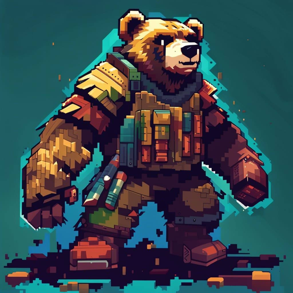 Pixelated Guerrilla Bear Character in Anime Style