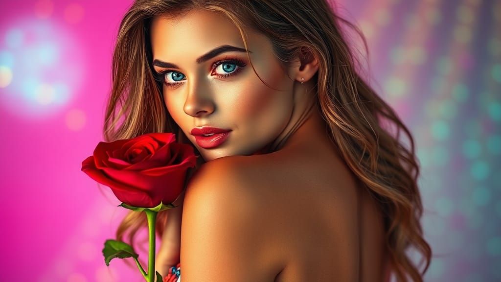 Woman with Rose: Hyperrealistic Splash Art Portrait