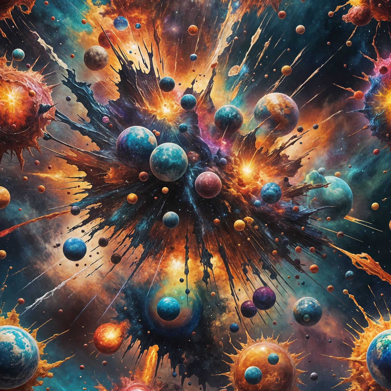 Planetary Collision with Gothic Rainbows and Dripping Paint