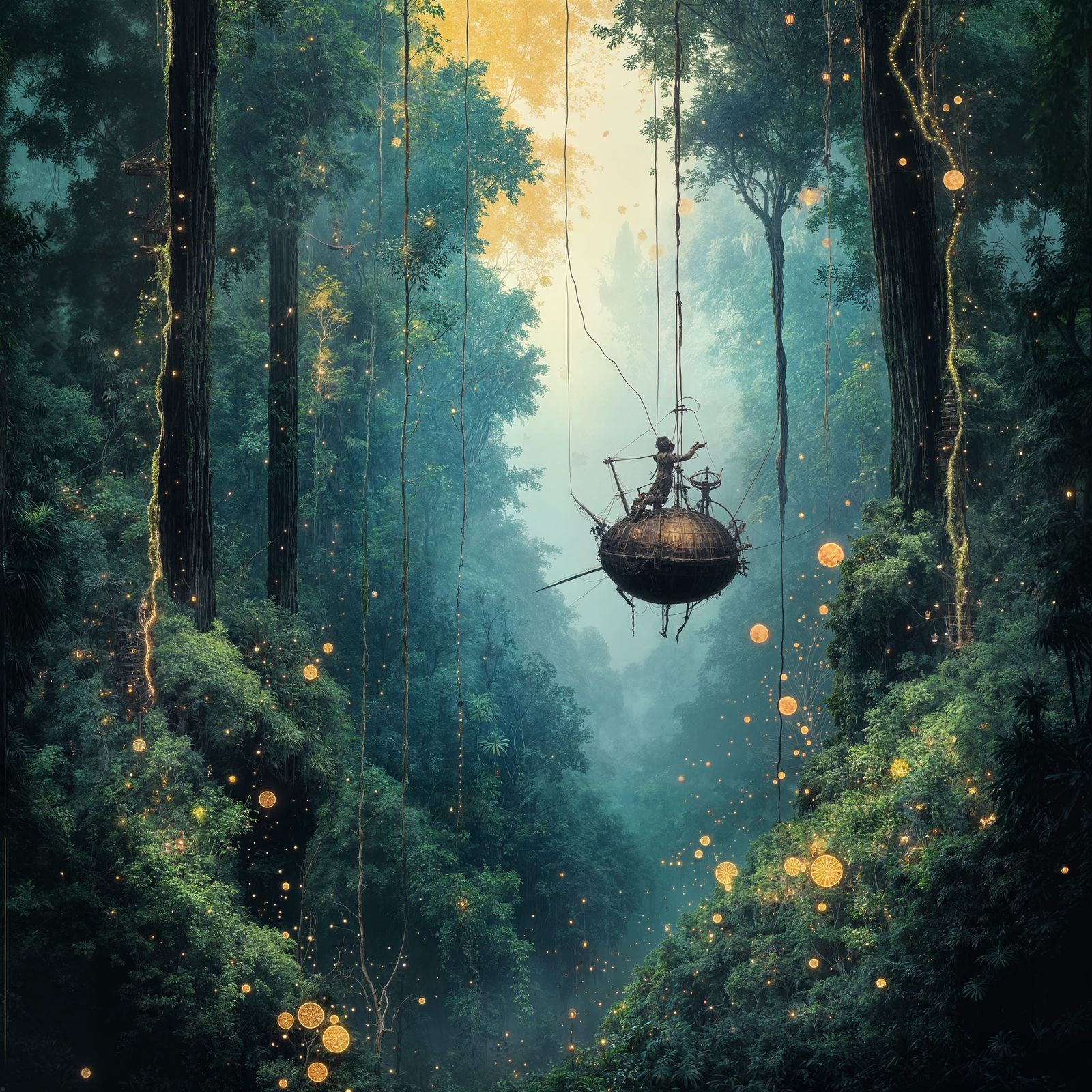 Steampunk Airship Explores Glowing Jungle Canopy