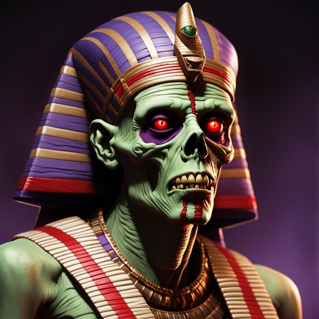 green and purple stripe bandages zombie pharaoh curse of mummy red eyes sinister by Greg Rutkowski