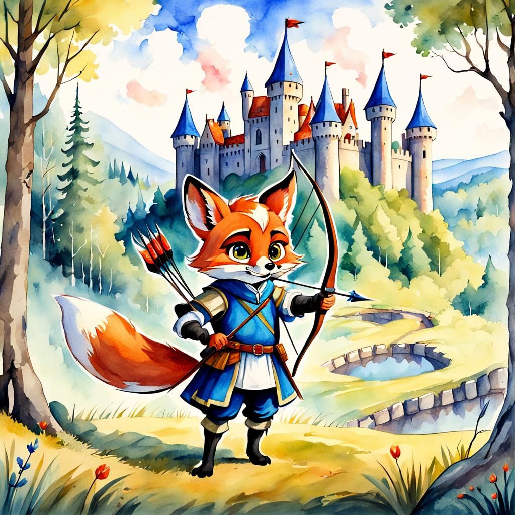 Fox Archer in Medieval Forest, Watercolor Style