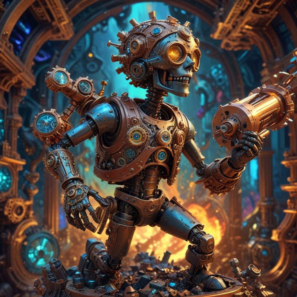 Steampunk Robot in Whimsical Wonderland