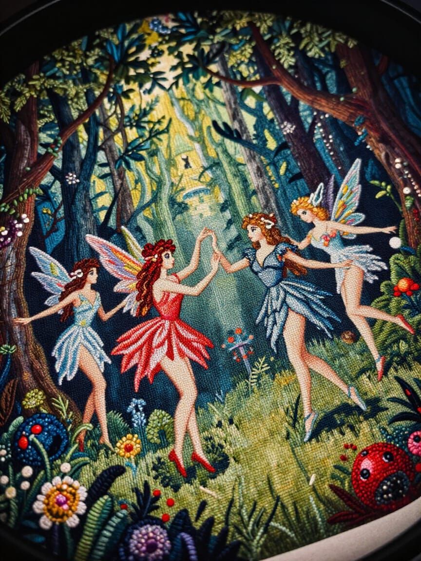Embroidered Fairies Dancing in Surreal Fantasy Forest