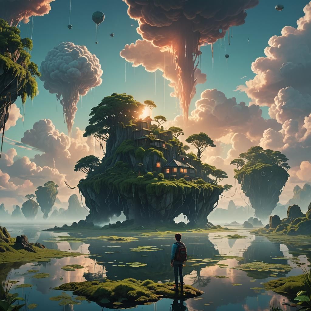 Whimsical Dream World with Floating Islands in Digital Art