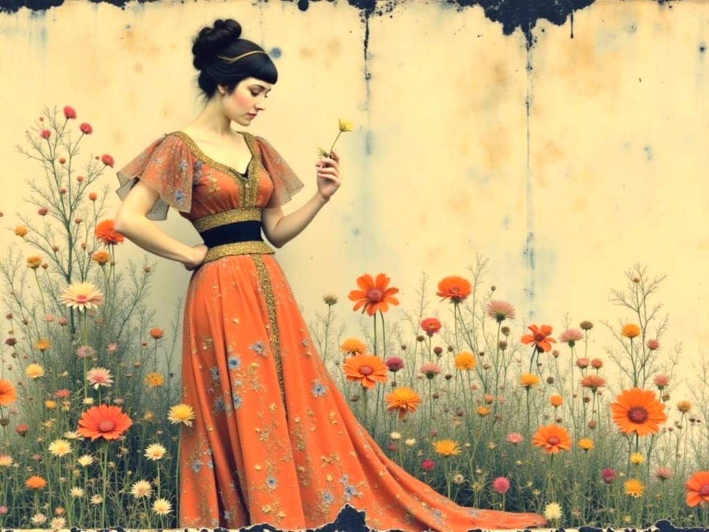 Woman with Floral Background in Klimt Style