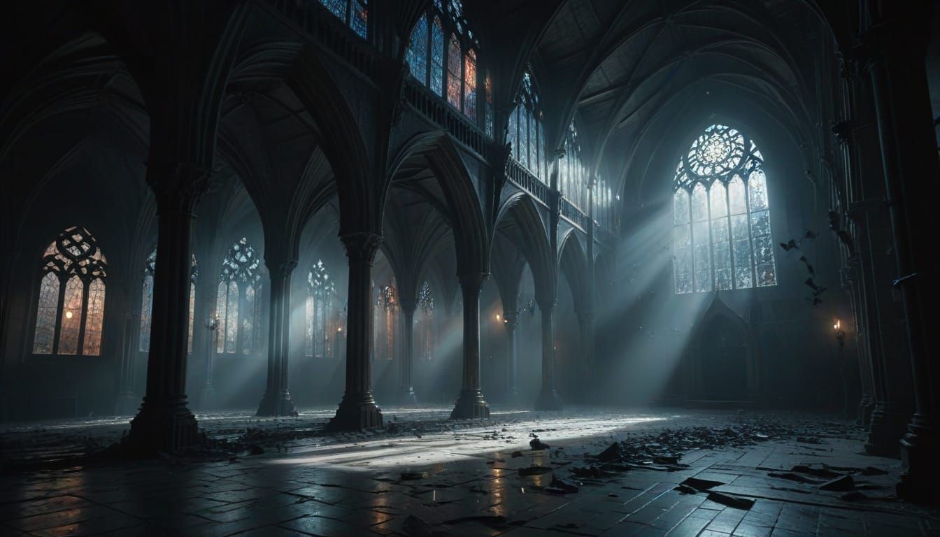 Cinematic Gothic Hall with Dust and Moonlight