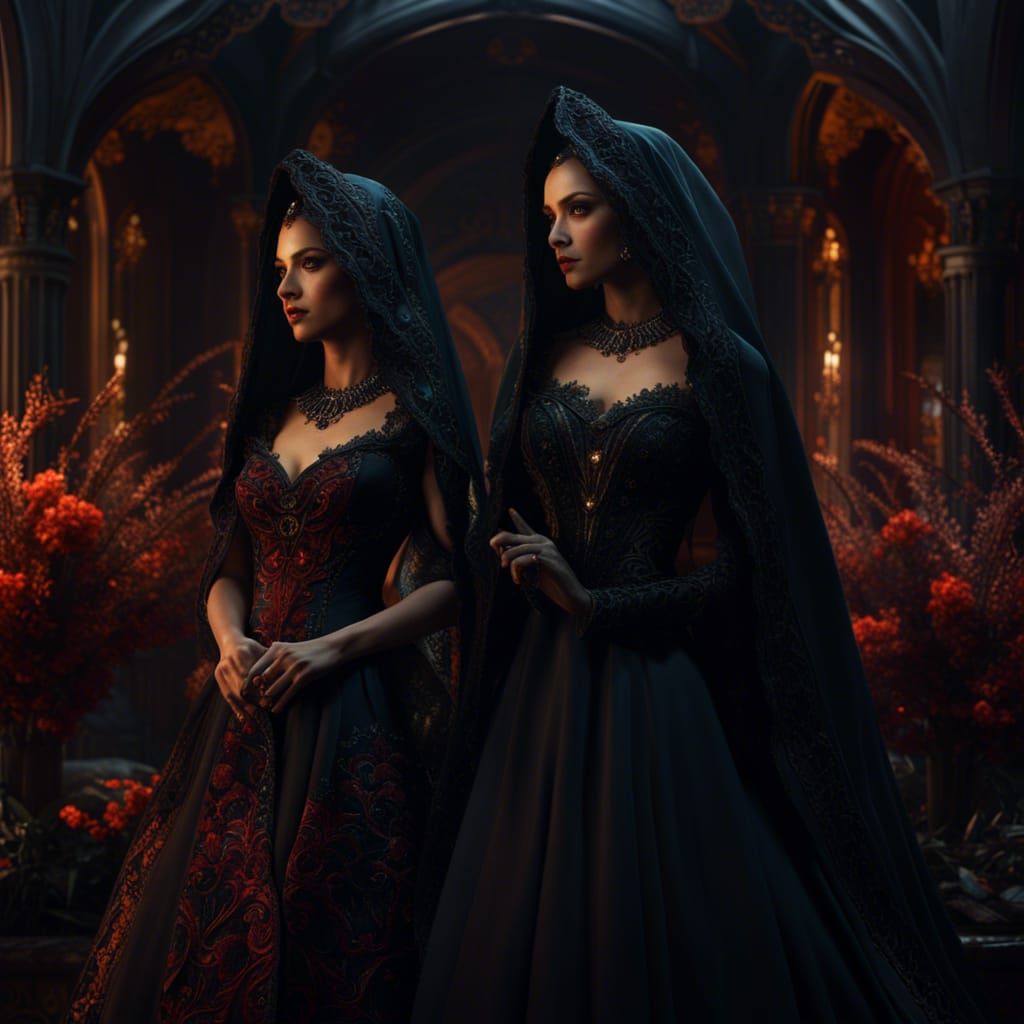 Two Brides Wearing Black Veils: Detailed Matte Painting
