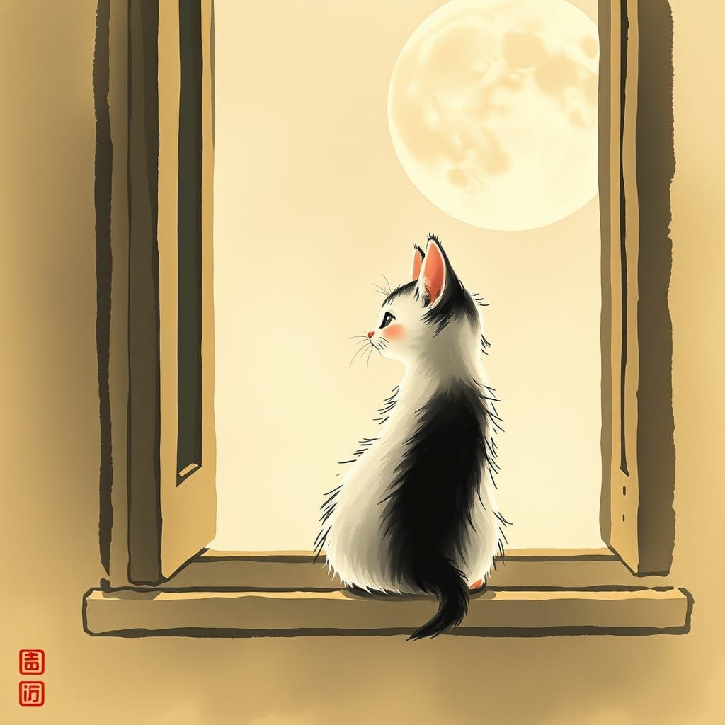 Kitten Gazing at Moon in Ink Wash Style