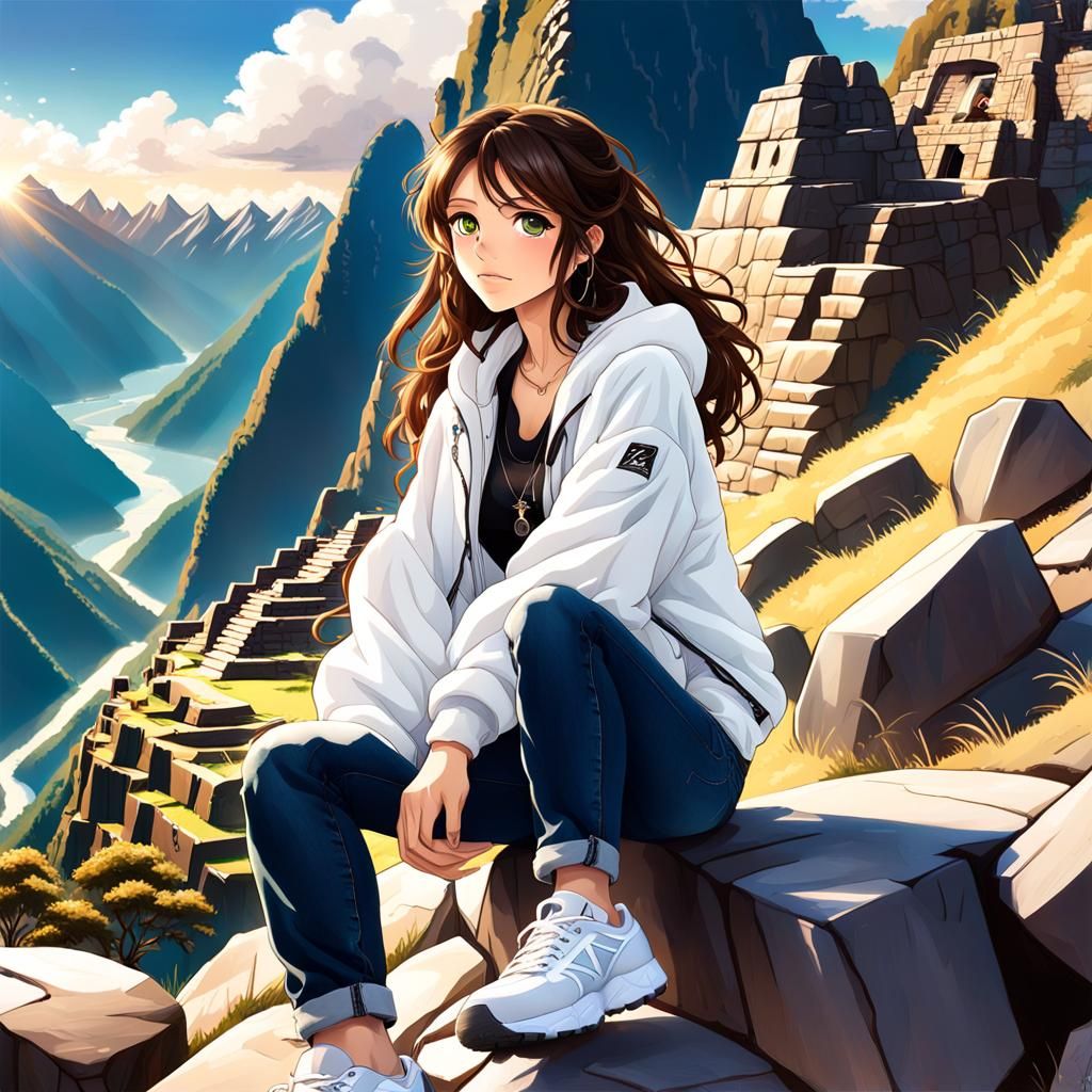 Anime Girl Listening to Music in Machu Picchu
