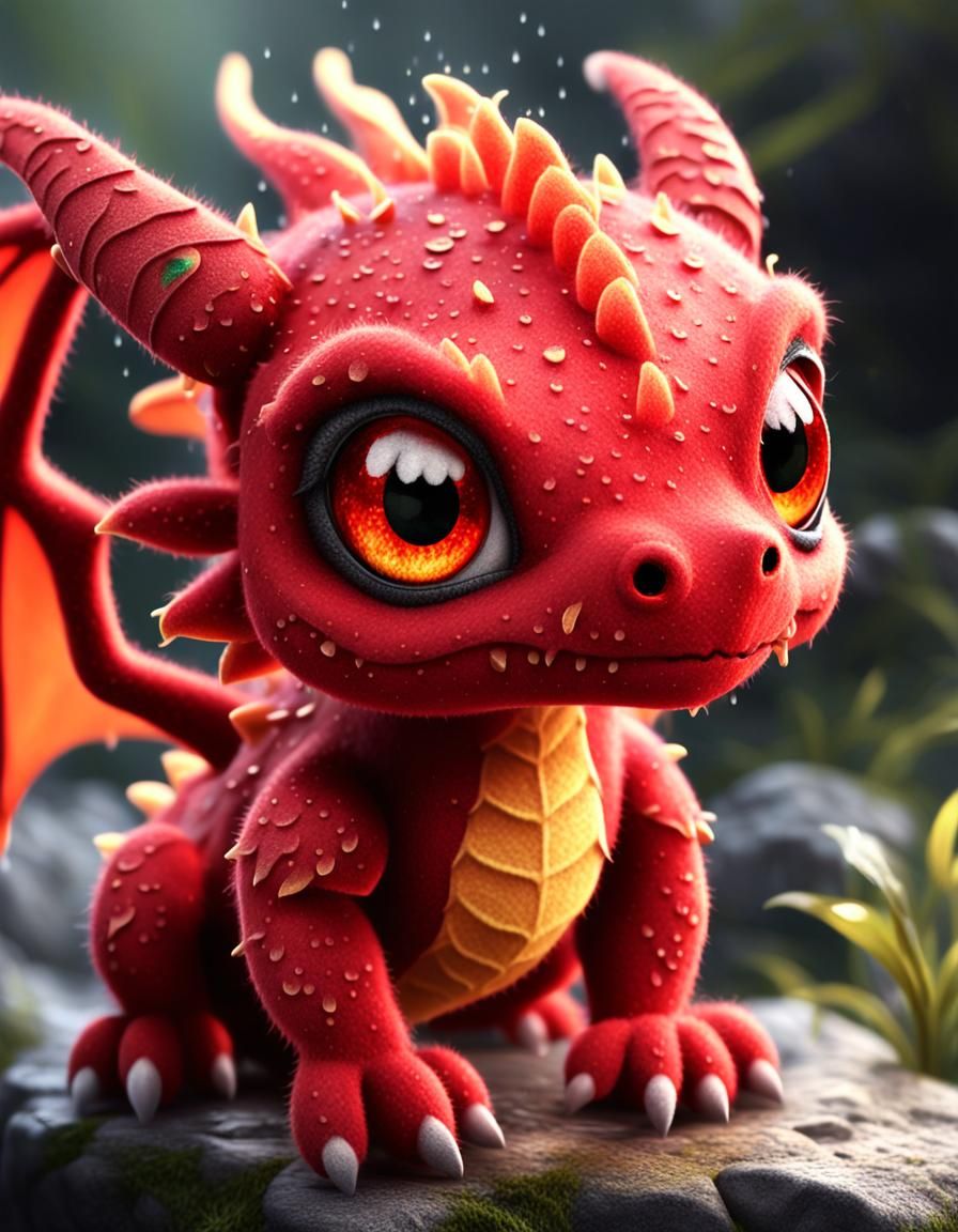Felt Red Dragon with Dew, 3D Anime Art