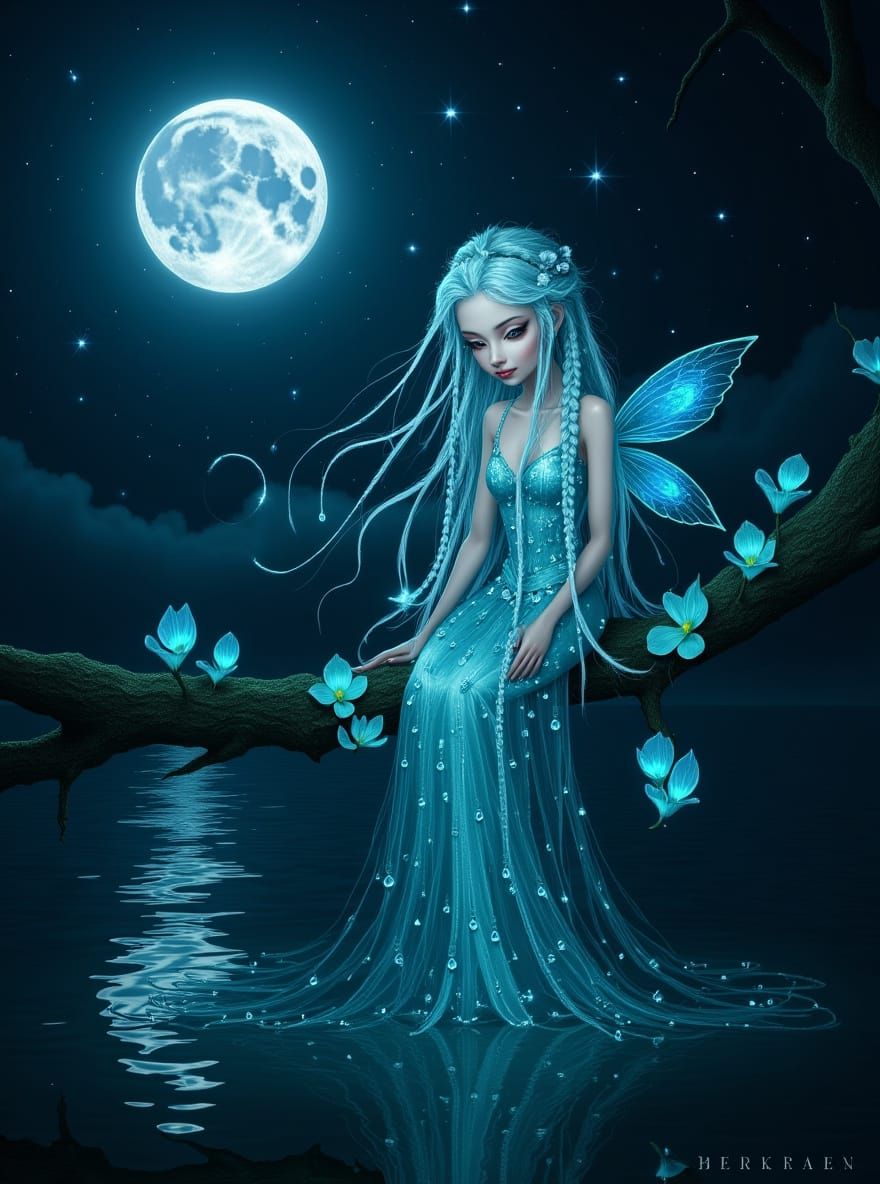 Tiny Fairy with Dewdrop Hair and Glass Dress on Bioluminesce...