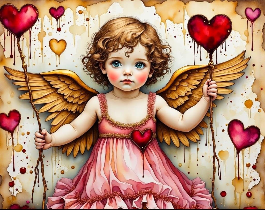Whimsical Cupid Girl Paints Hearts in a Dreamlike Scene