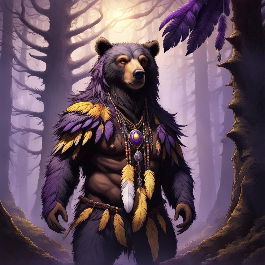 Bear Brave Hybrid in Mystical Forest, Digital Art