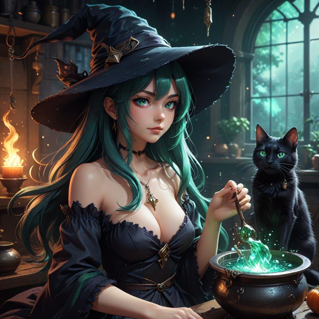 Dark Fantasy Witch and Black Cat Illustration