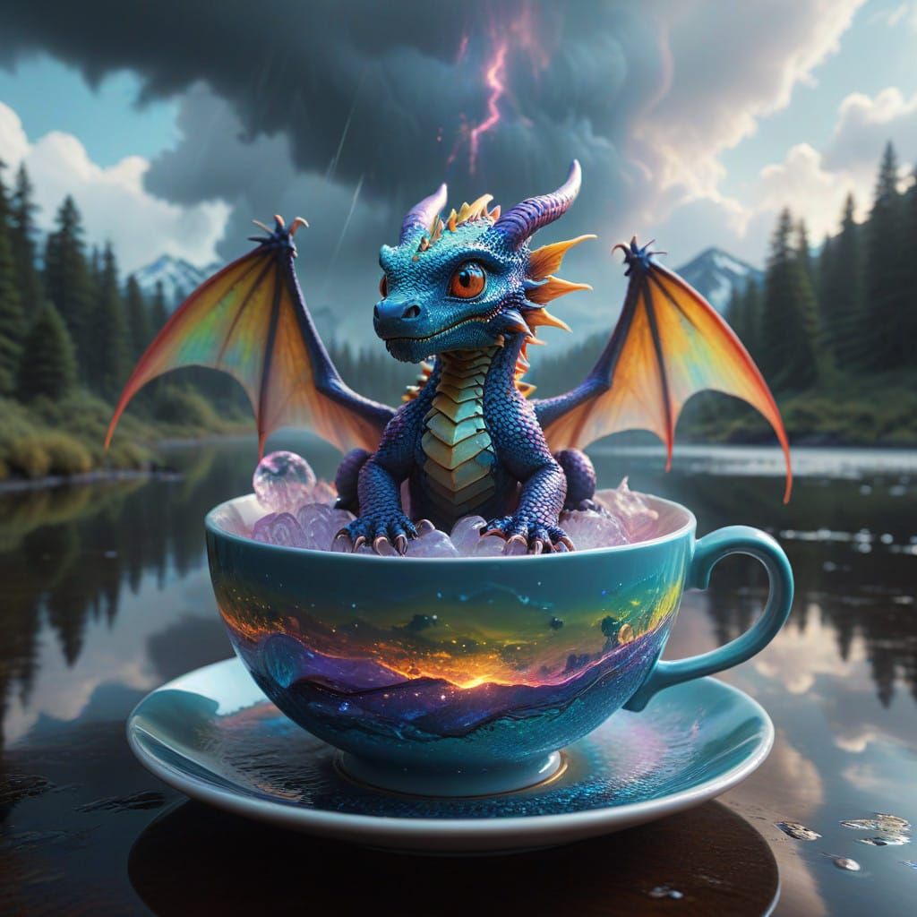 Ethereal Dragon Sits Serenely in Vibrant, Rippled Fluids