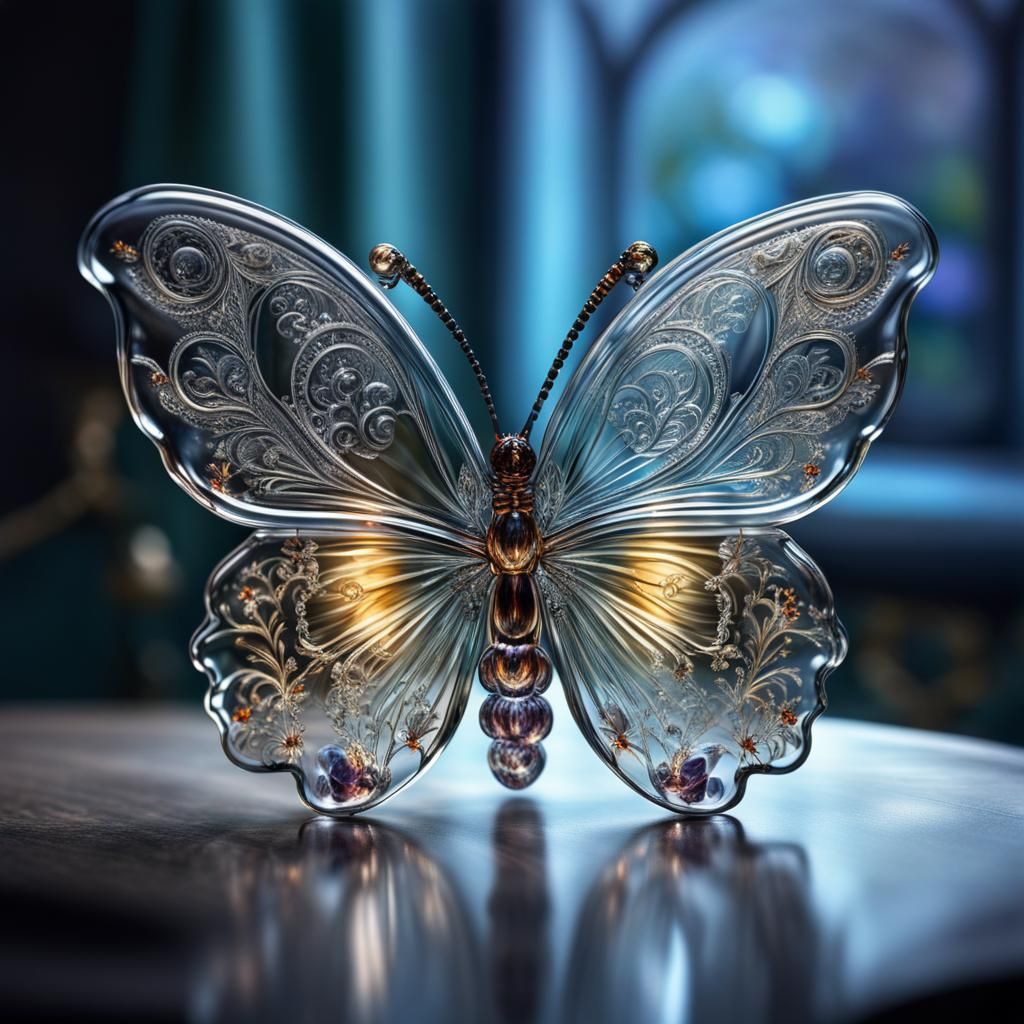 Ornate Glass Butterfly in Photorealistic Style