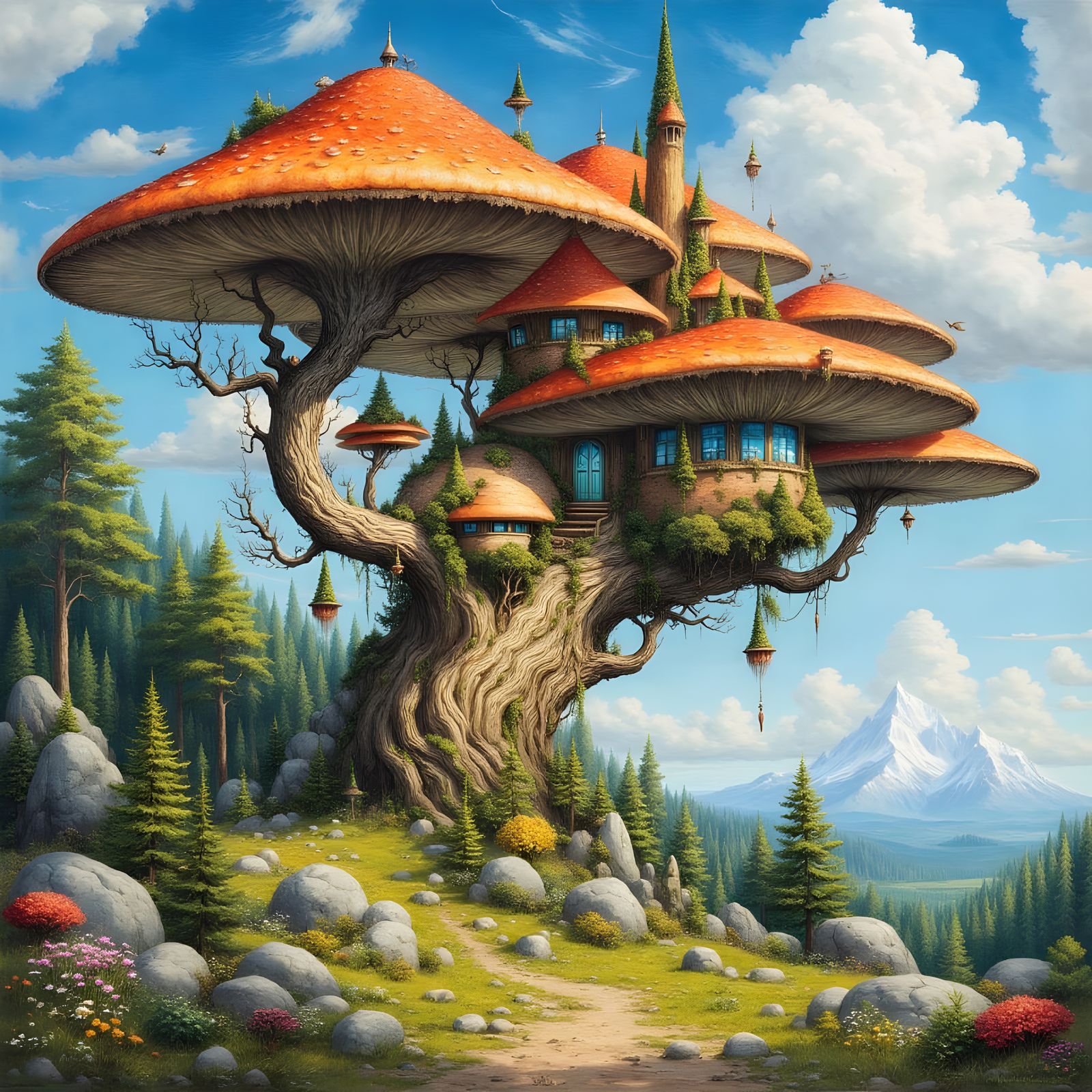 Surreal Nature Scene in Vibrant Cyberpunk Style