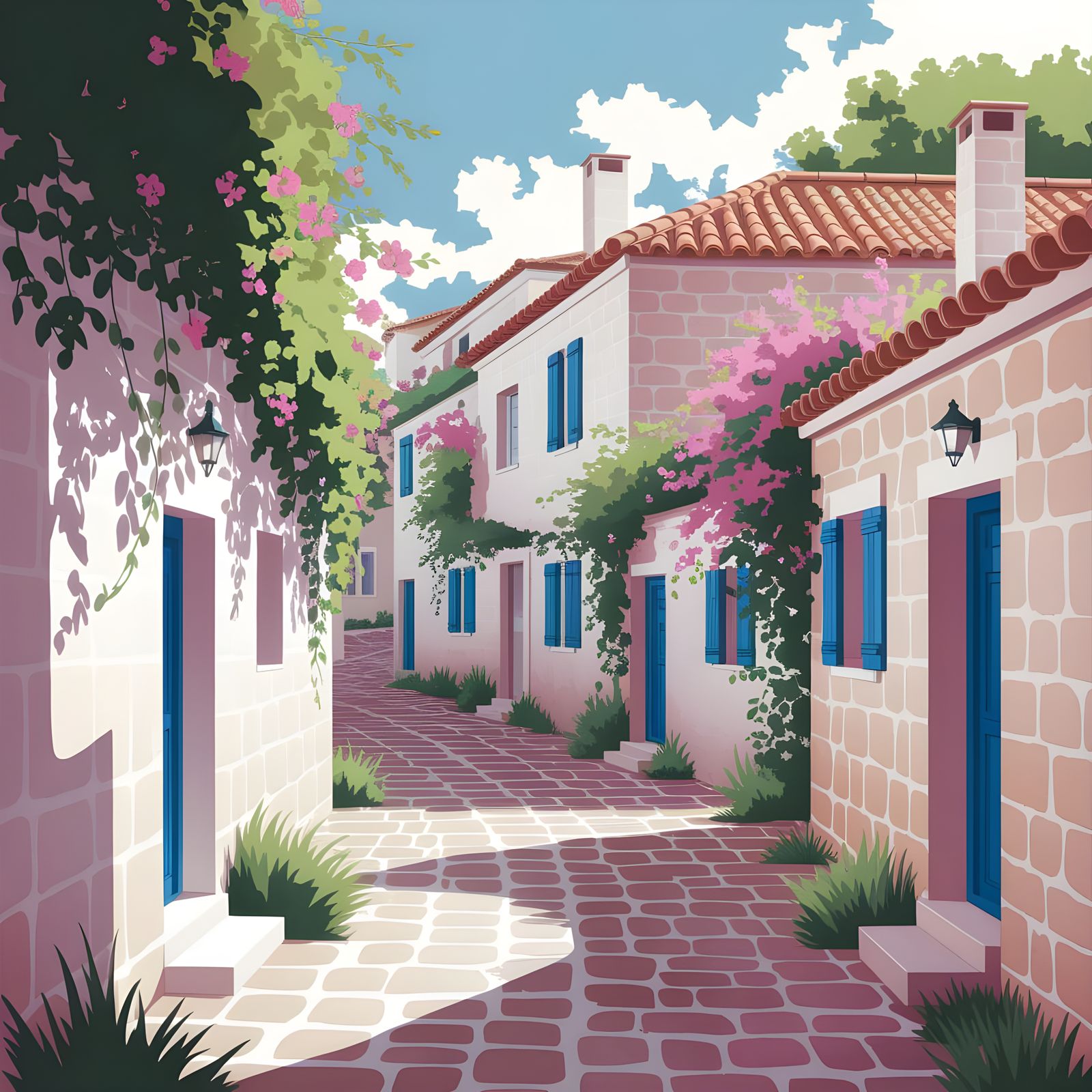 Whitewashed Cyprus Village in Vibrant Watercolour Style