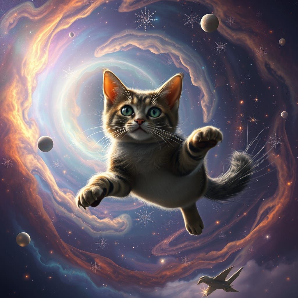 Majestic Gato in a Swirling Vortex of Iridescent Stardust