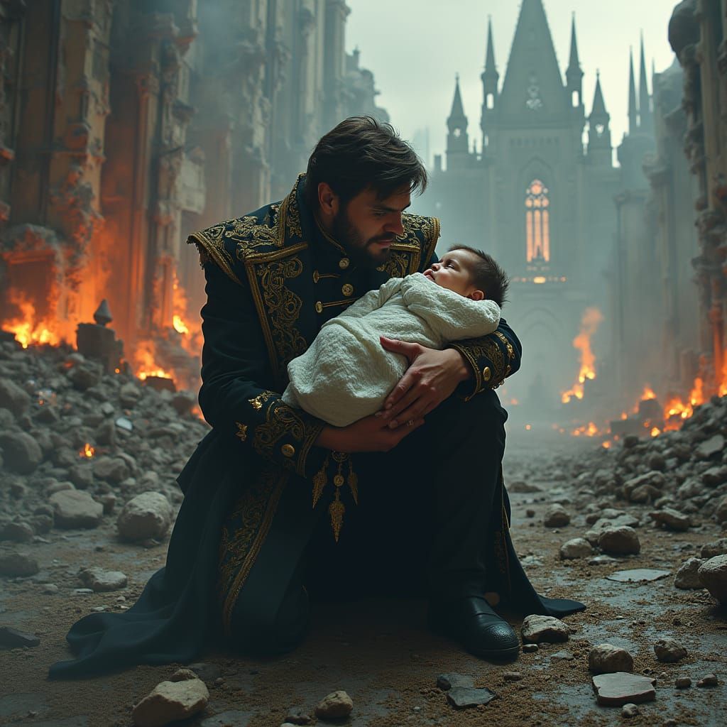 Grieving Man with Baby in Ruined Gothic Cityscape