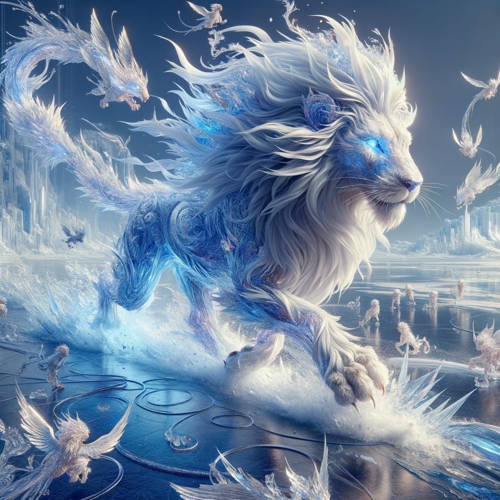 Majestic Ice Lion Engages Foes in Epic Anime-Inspired Battle