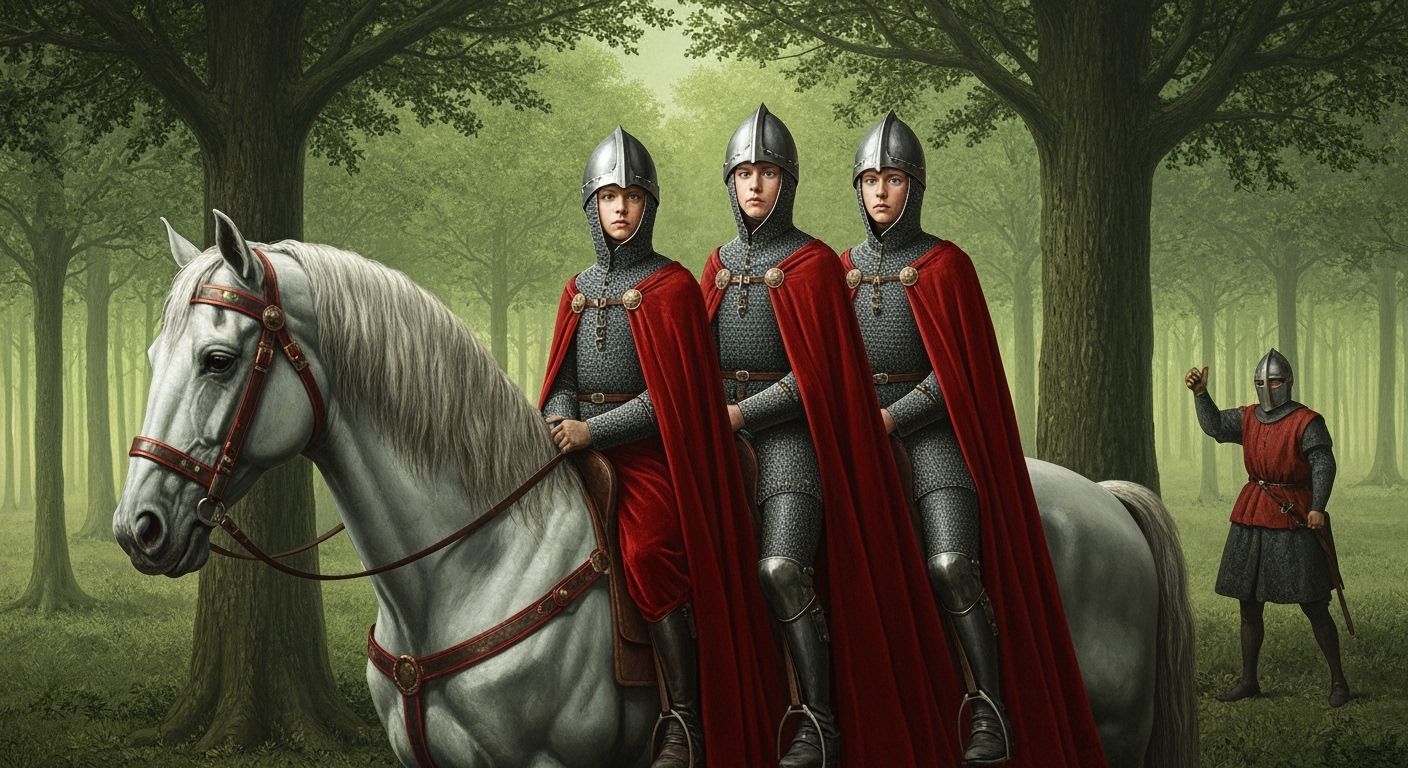 Teenage Knights on Giant Horse in Surreal Forest