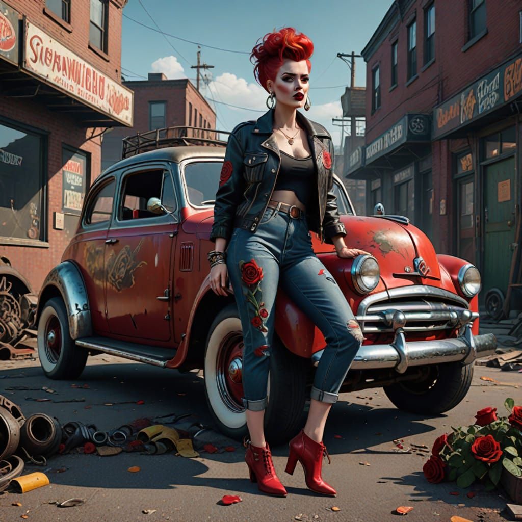 Vintage Rockabilly Goddess with Fiery Red Hair and Edgy Tatt...
