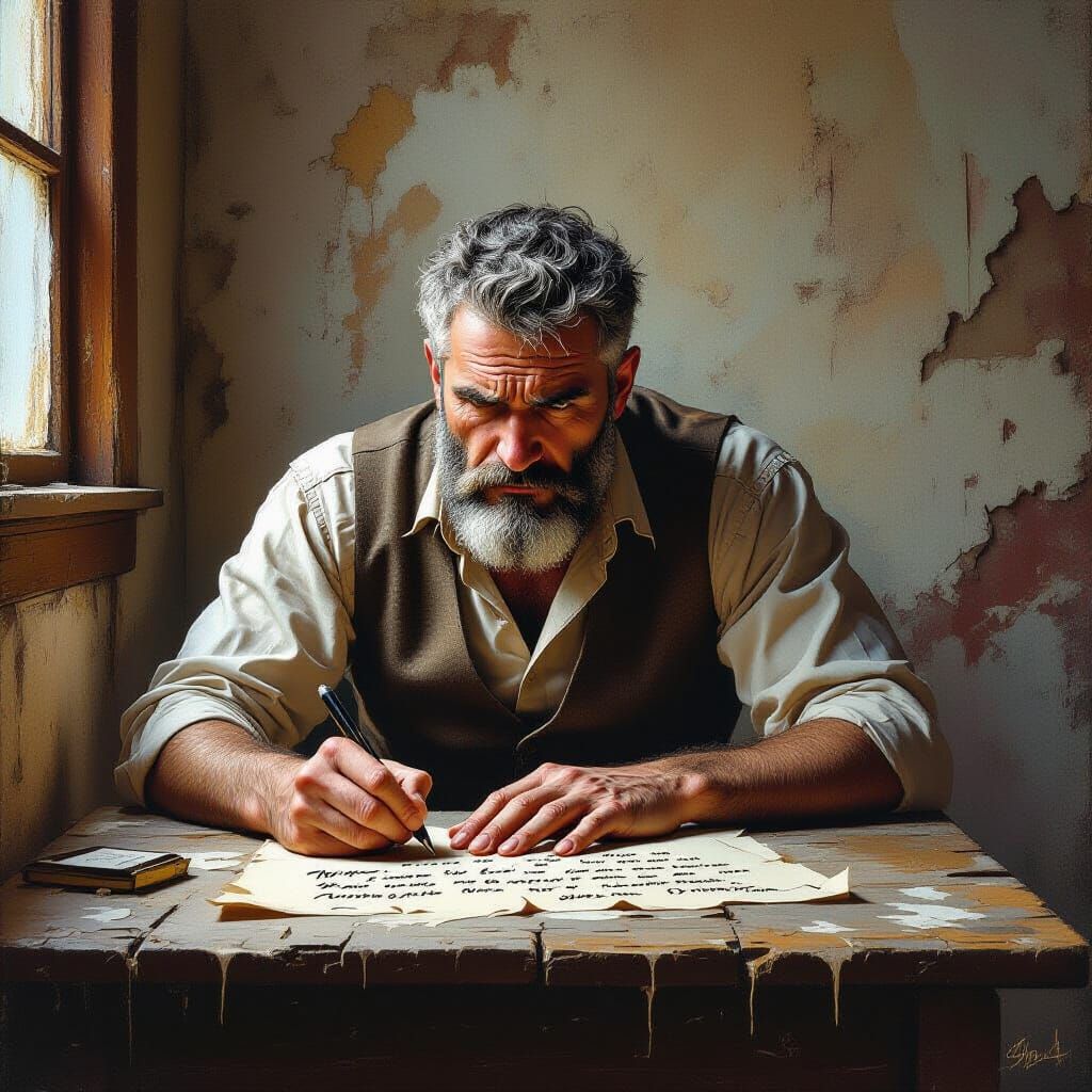 Man Writing Bitter Words on Dusty Table