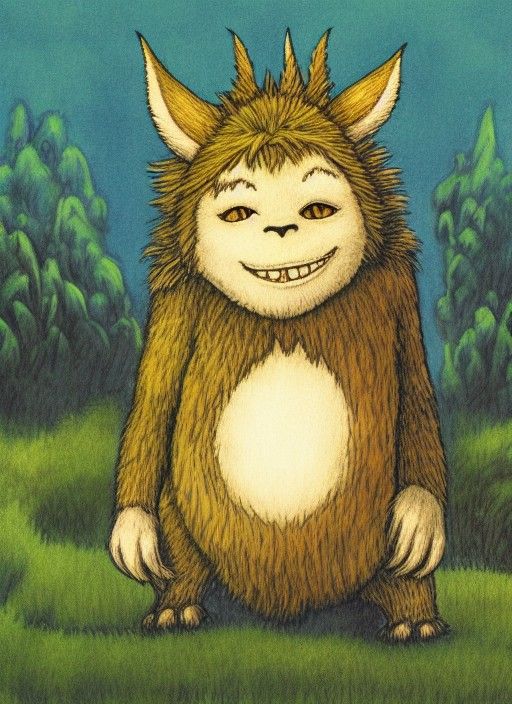 Adorable Monster in Forest Sunset: Risograph Character Portr...