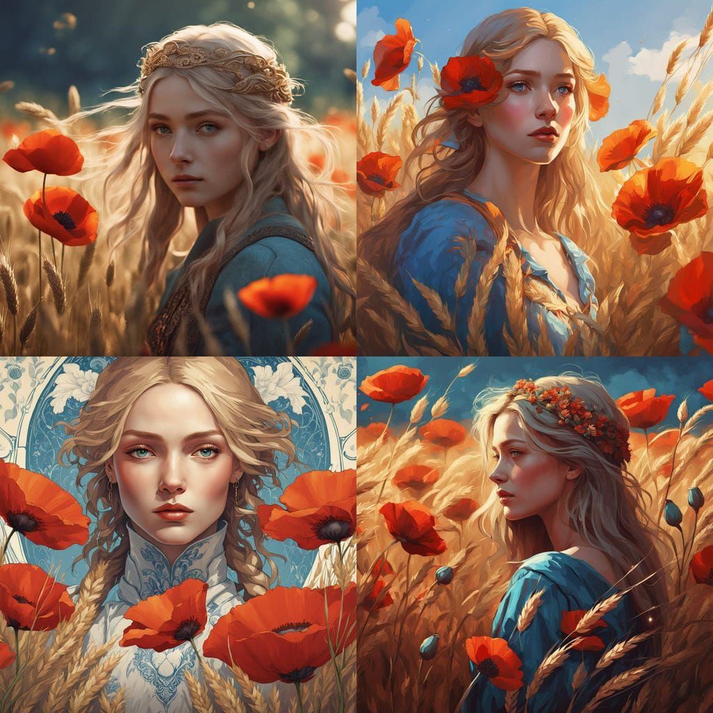 Ethereal Slavic Goddess Among Golden Wheat and Red Poppies