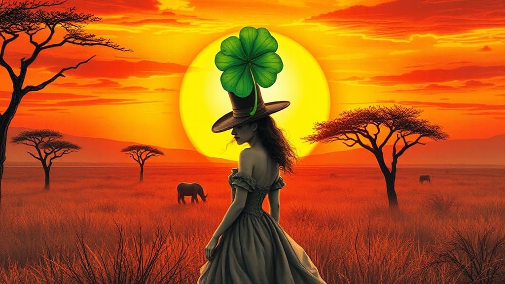 Victorian Woman with Clover in Dreamlike Savannah