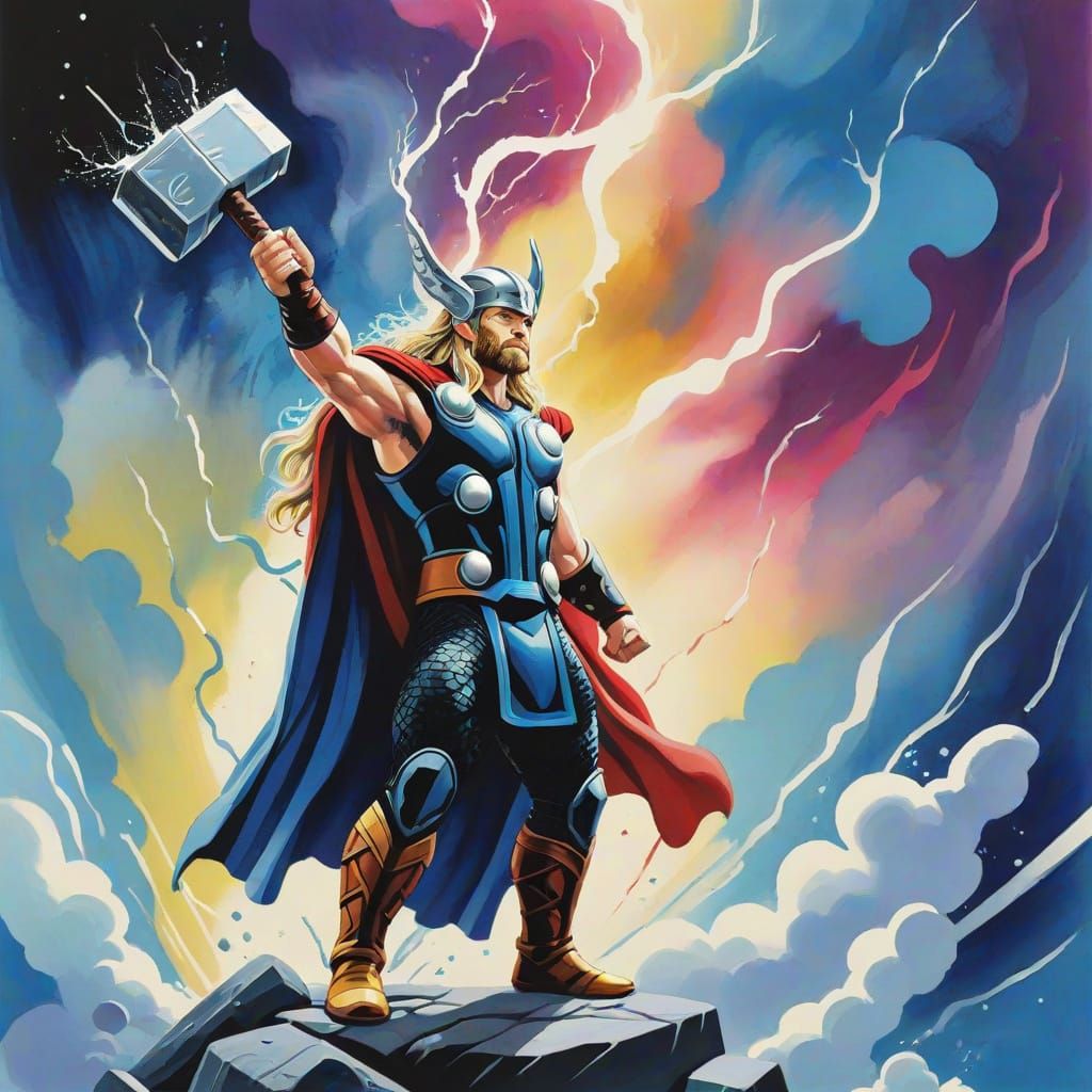Vibrant Gouache Painting of Thor