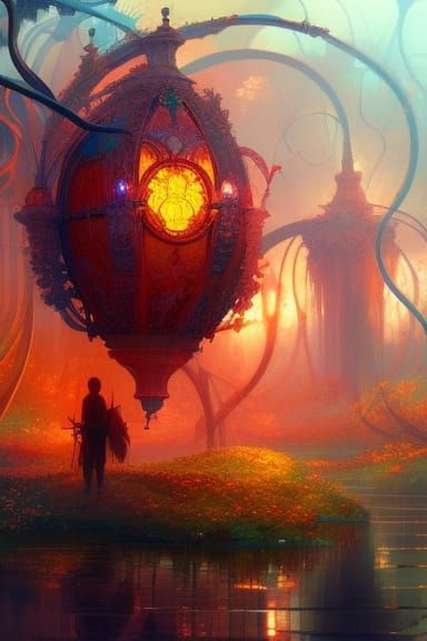 Stained Glass Fire Flowers in Digital Landscape Art