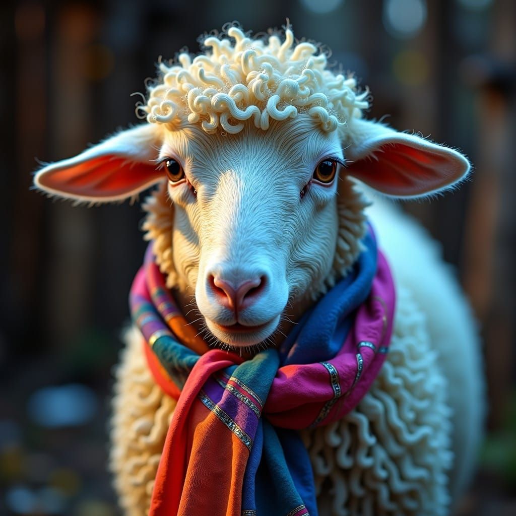 Mischievous Sheep Chewing Scarf with Pearlescent Wool