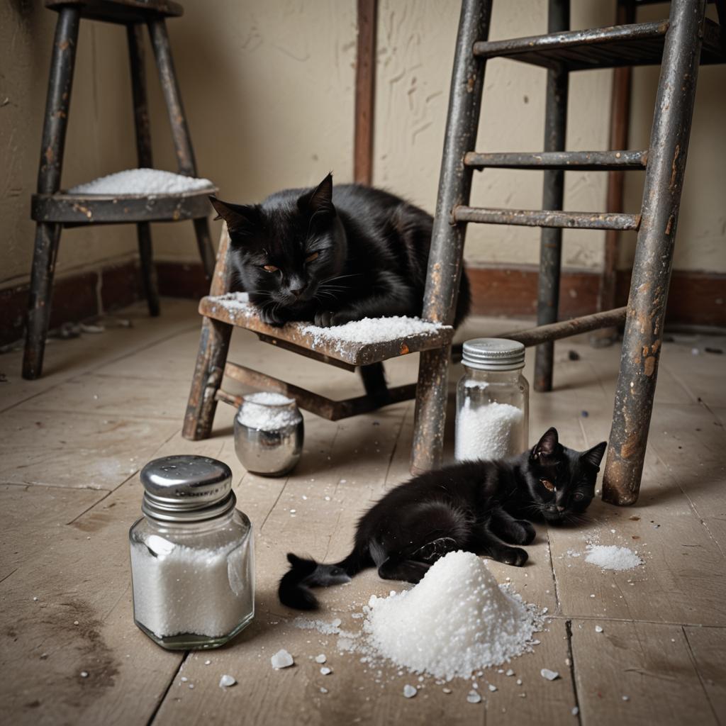 Black Cat Nap Under Ladder with Spilled Salt
