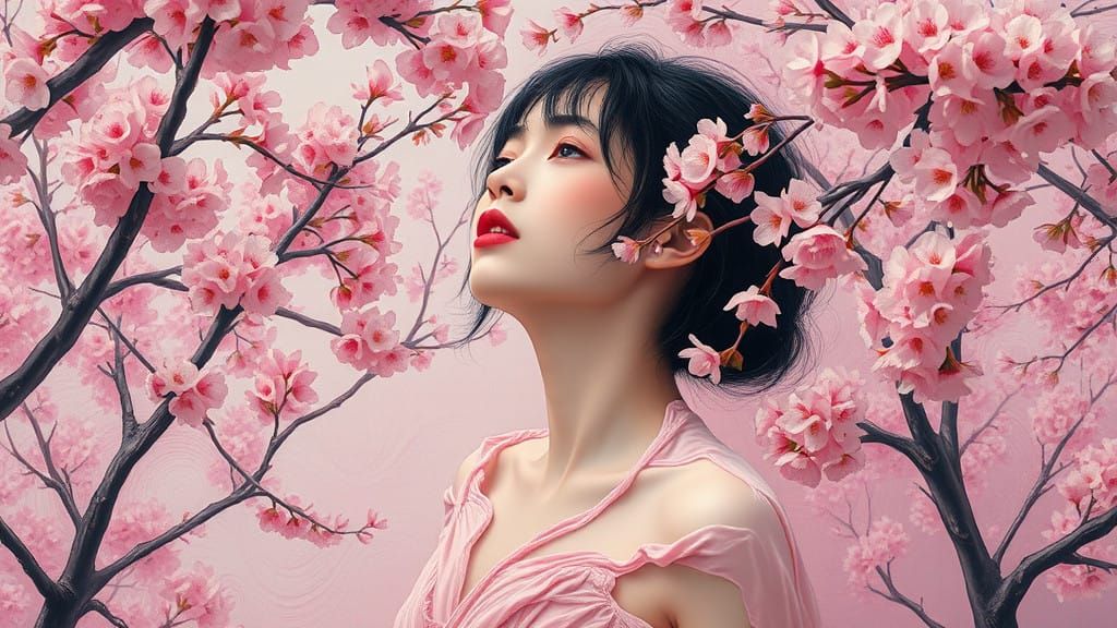 Surreal Sakura Goddess in Dreamlike Landscape