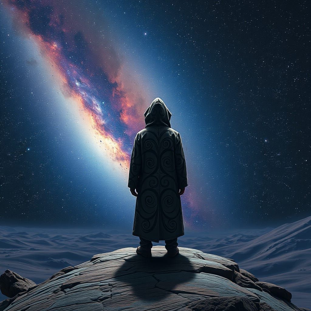 Mystical Figure Steps into Cosmic Infinity