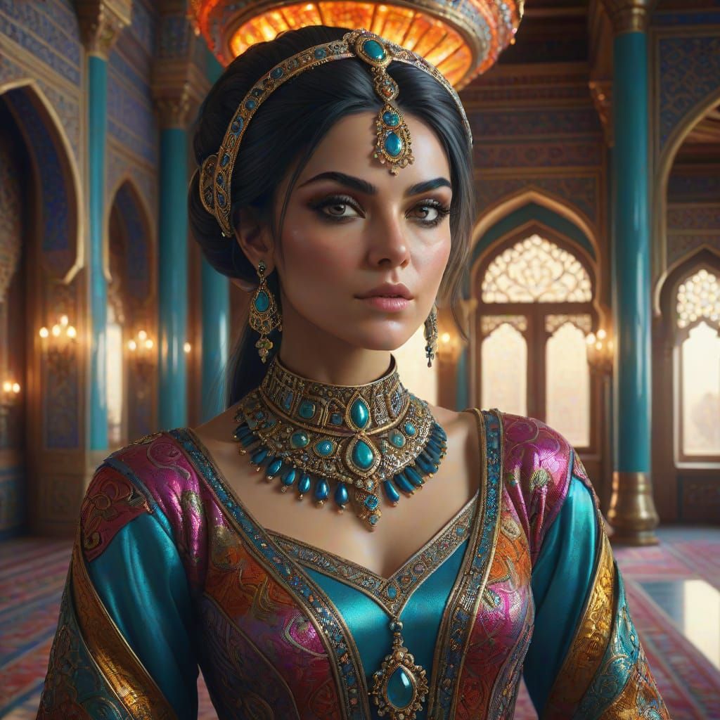 Hyperrealistic Fantasy Portrait of a Woman in Opulent Palace