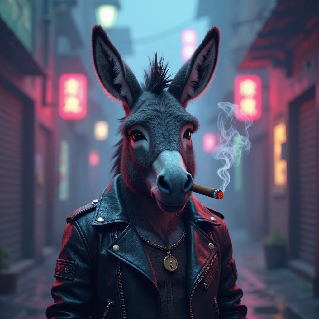 Donkey Smoking Cigar in Neon Alleyway, Anime Style