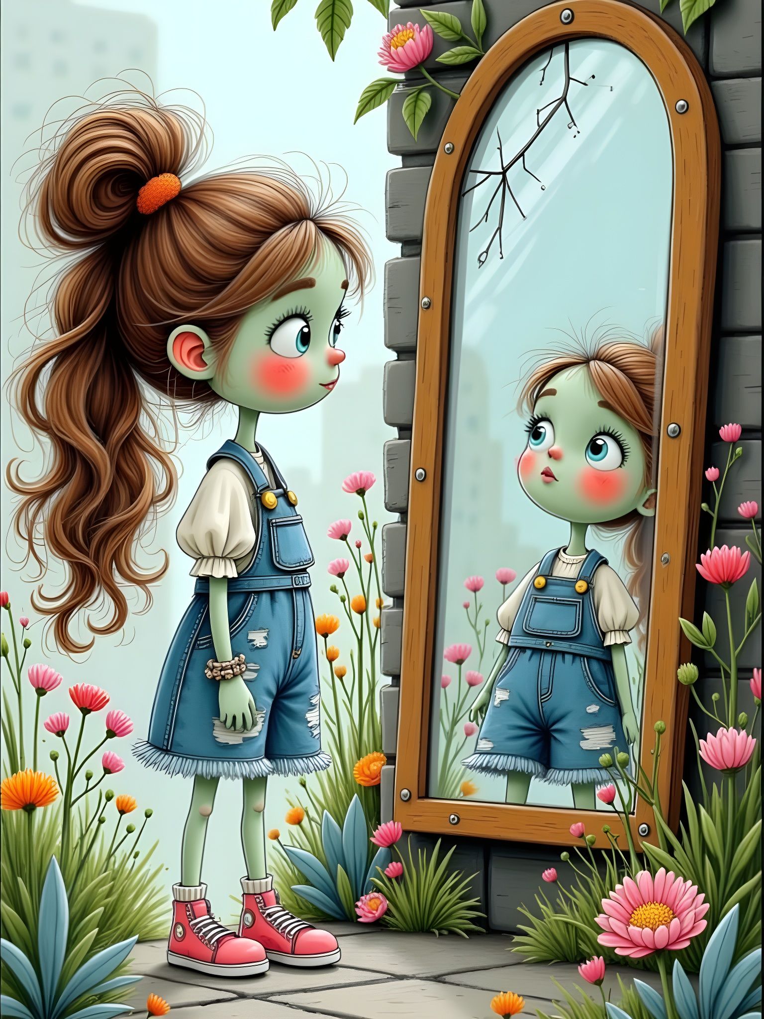Cute Zombie Girl Gazing in Antique Mirror