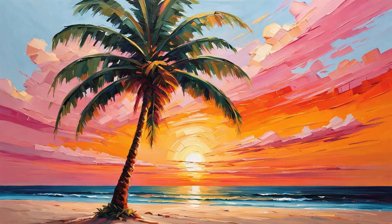 Tropical Beach Sunset in Impasto Style