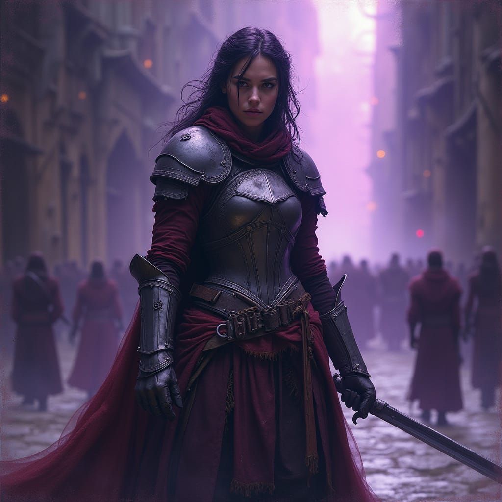 Defiant Female Warrior in Purple City, Watercolor Style