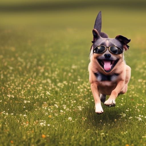 Happy Dog Chasing Butterfly in Sunny Field