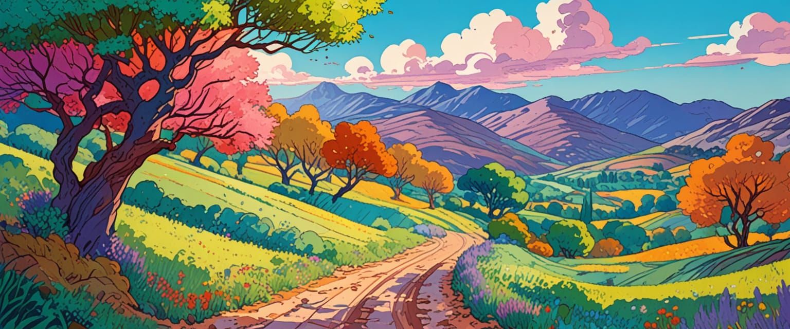 Whimsical Countryside Landscape in Watercolor Style