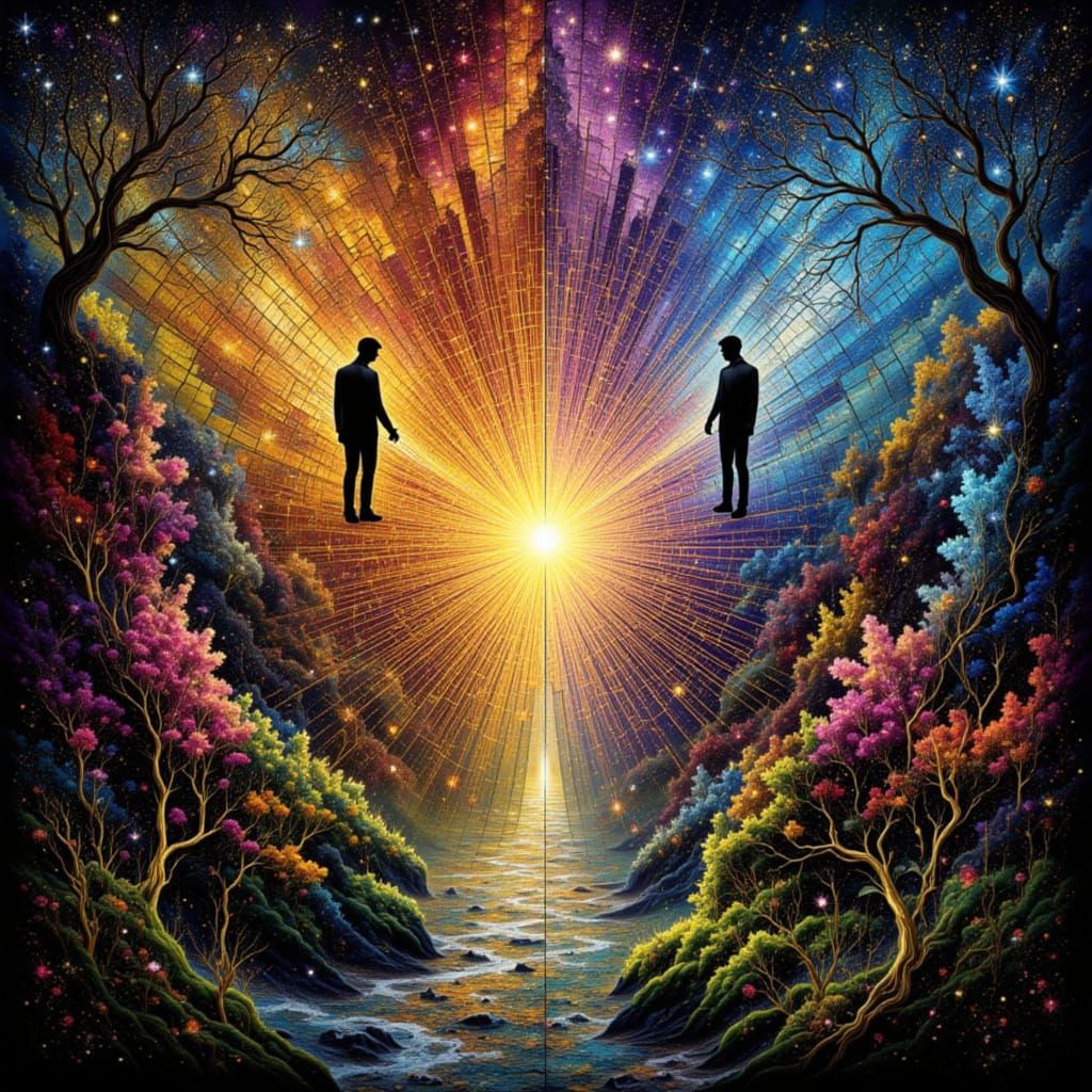 Surrealist Painting of Folding Worlds in Morphing Grid