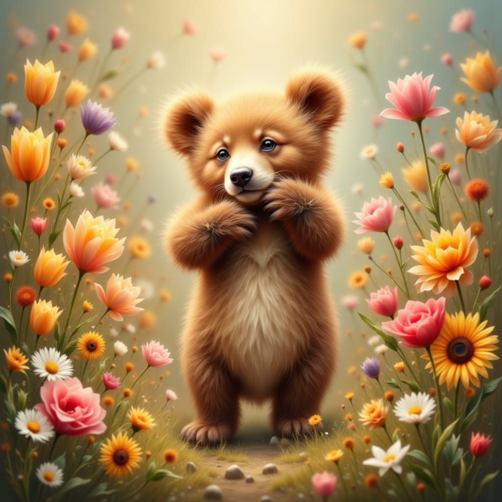 Adorable Bear Cub in Vibrant Flower Garden